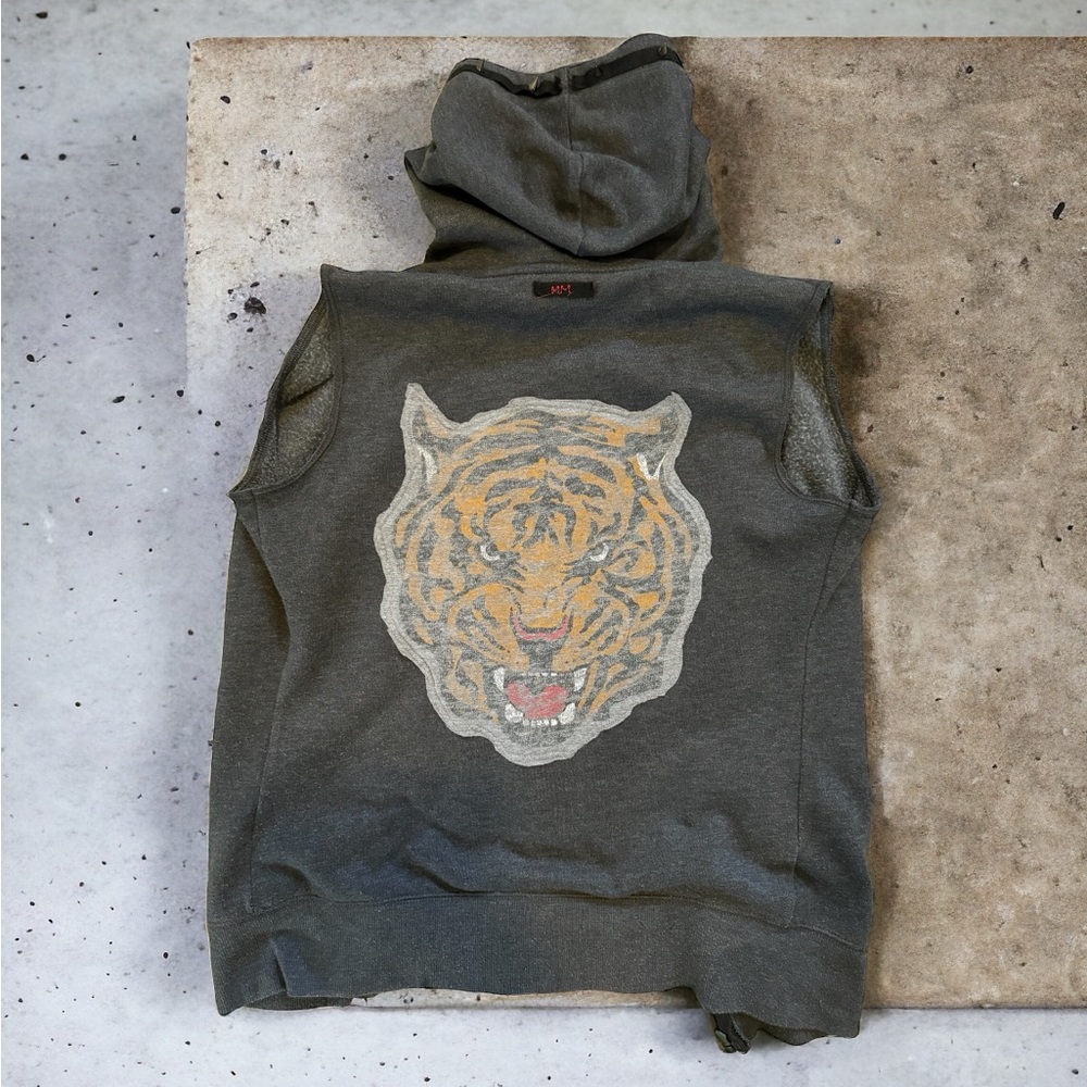 Tiger Hooded Sweater Vest With Spikes Gym Top PunkRocker Vintage Cheetah Leopard